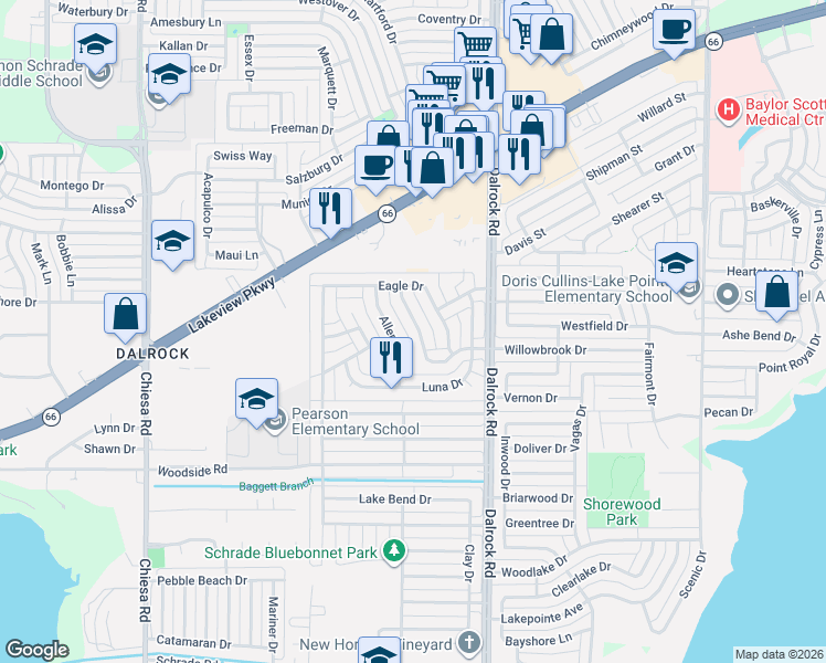 map of restaurants, bars, coffee shops, grocery stores, and more near 5614 Willowbrook Drive in Rowlett