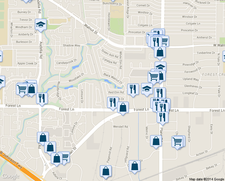map of restaurants, bars, coffee shops, grocery stores, and more near 11928 Bushmills Road in Dallas