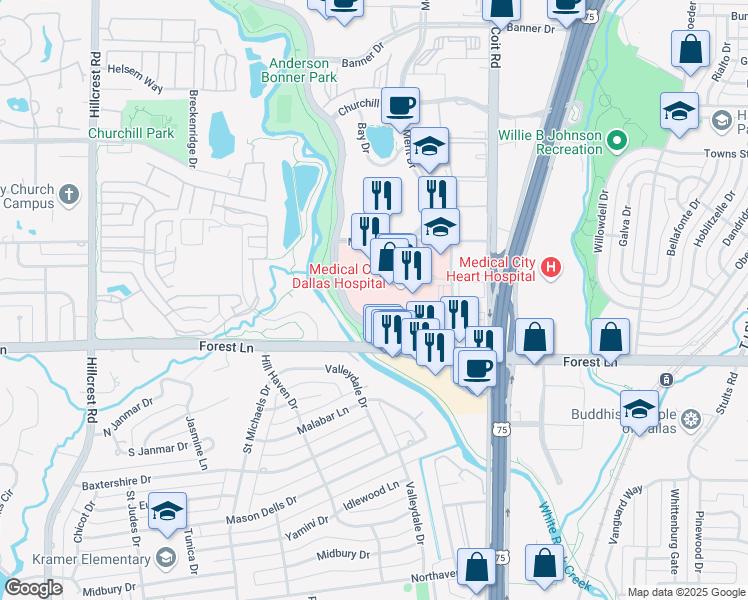 map of restaurants, bars, coffee shops, grocery stores, and more near 7777 Park Central Drive in Dallas