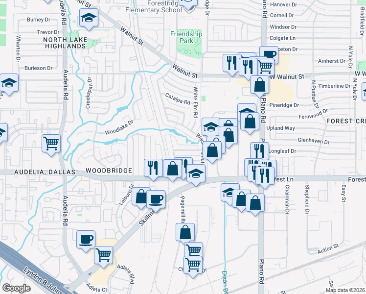 map of restaurants, bars, coffee shops, grocery stores, and more near 11928 Bushmills Road in Dallas