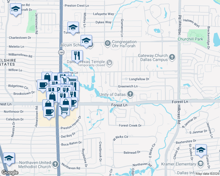 map of restaurants, bars, coffee shops, grocery stores, and more near 11936 Forest Lakes Ln in Dallas
