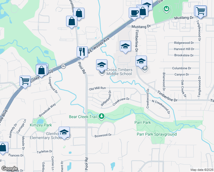 map of restaurants, bars, coffee shops, grocery stores, and more near 3044 Old Mill Run in Grapevine