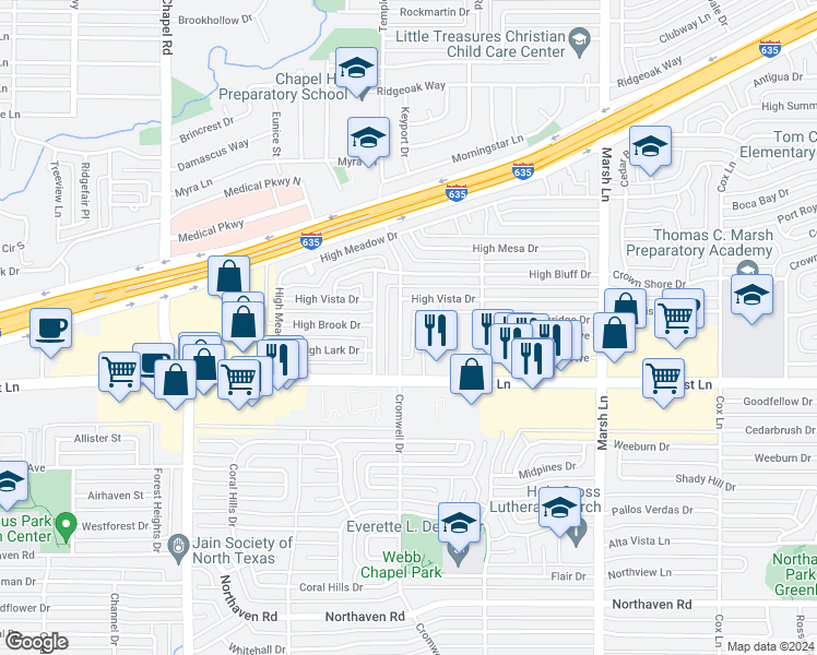map of restaurants, bars, coffee shops, grocery stores, and more near 11906 Cromwell Drive in Dallas