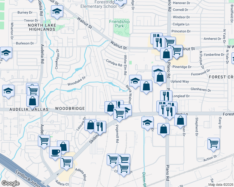 map of restaurants, bars, coffee shops, grocery stores, and more near 10315 Red Elm Road in Dallas