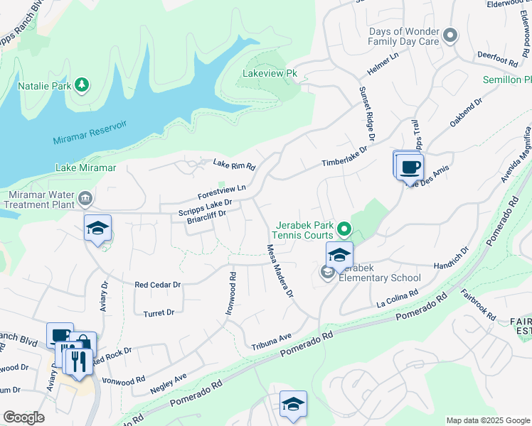 map of restaurants, bars, coffee shops, grocery stores, and more near 10415 Mesa Madera Drive in San Diego