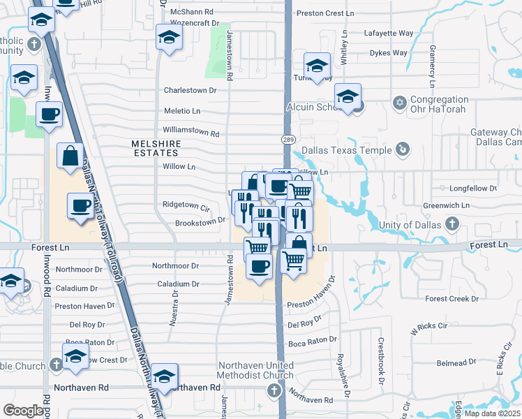 map of restaurants, bars, coffee shops, grocery stores, and more near 11909 Preston Road in Dallas