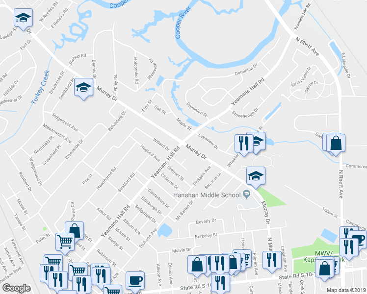 map of restaurants, bars, coffee shops, grocery stores, and more near 1101 Yeamans Hall Road in Hanahan