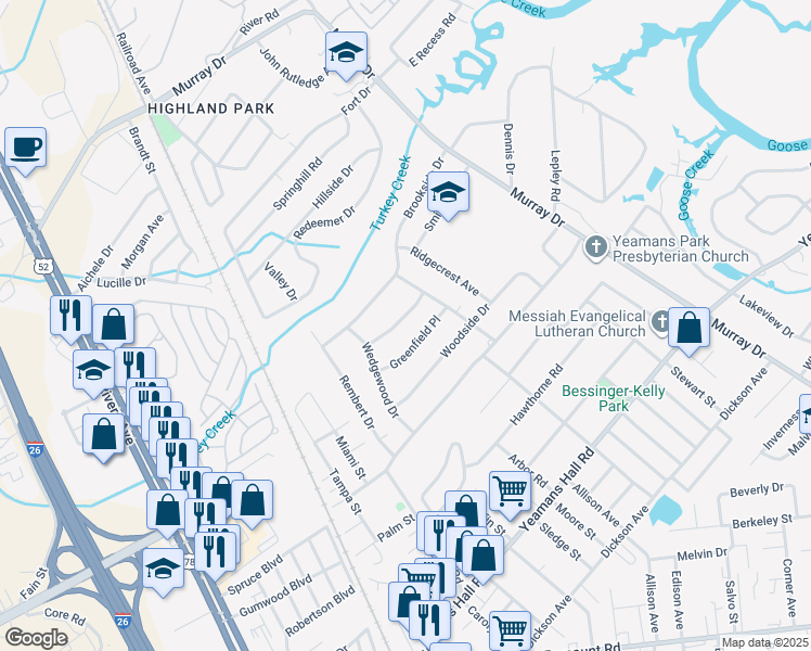 map of restaurants, bars, coffee shops, grocery stores, and more near 1239 Northfield Place in Hanahan