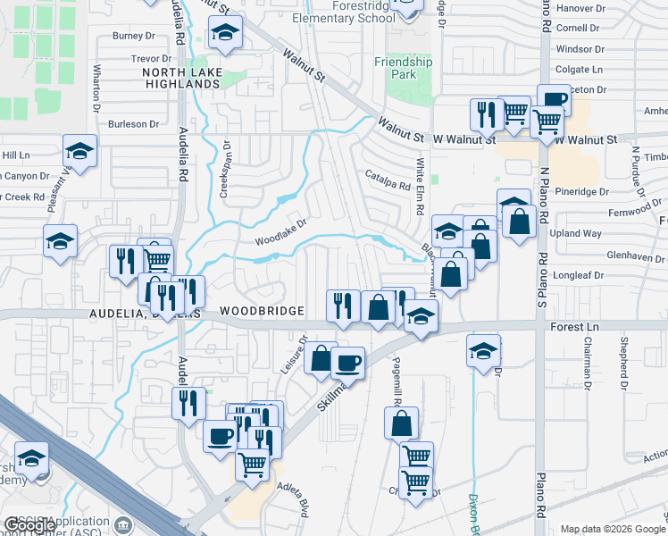 map of restaurants, bars, coffee shops, grocery stores, and more near 11911 Garden Terrace Drive in Dallas