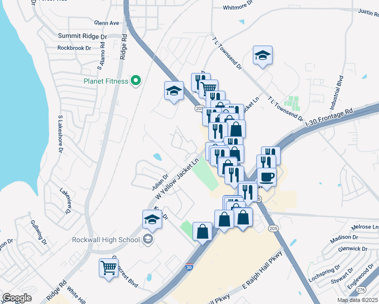 map of restaurants, bars, coffee shops, grocery stores, and more near 970 West Yellow Jacket Lane in Rockwall