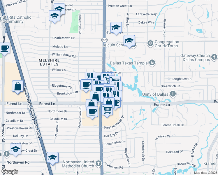 map of restaurants, bars, coffee shops, grocery stores, and more near 11930 Preston Road in Dallas