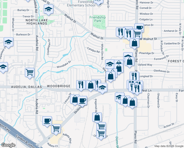 map of restaurants, bars, coffee shops, grocery stores, and more near 11928 Bushmills Road in Dallas