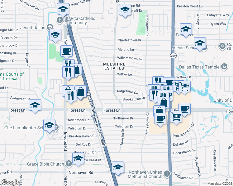 map of restaurants, bars, coffee shops, grocery stores, and more near 5706 Ridgetown Circle in Dallas