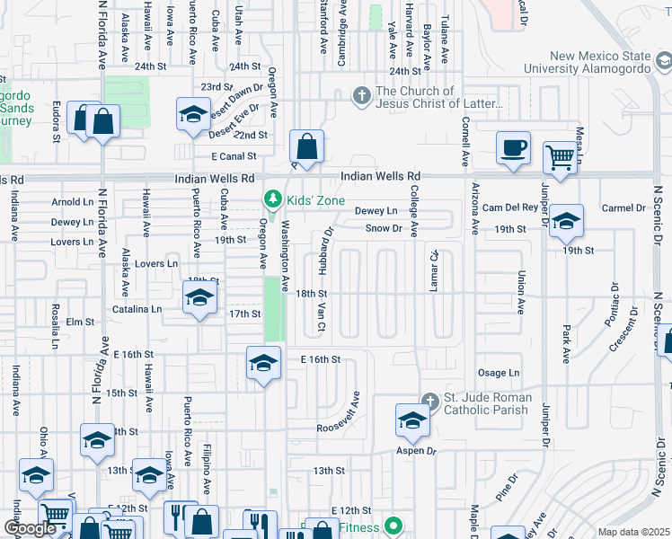 map of restaurants, bars, coffee shops, grocery stores, and more near 1833 Corte Del Ranchero in Alamogordo