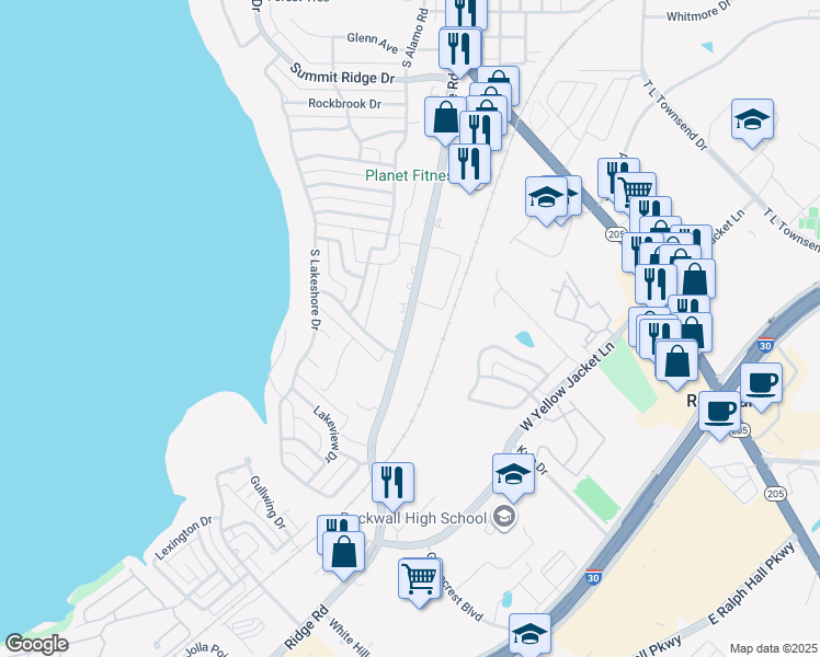 map of restaurants, bars, coffee shops, grocery stores, and more near 1453 Ridge Road in Rockwall