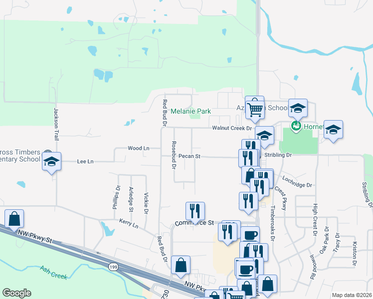 map of restaurants, bars, coffee shops, grocery stores, and more near 1005 Red Oak St in Azle