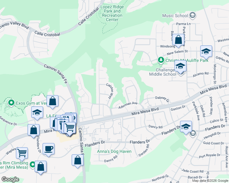 map of restaurants, bars, coffee shops, grocery stores, and more near 10675 Calston Way in San Diego