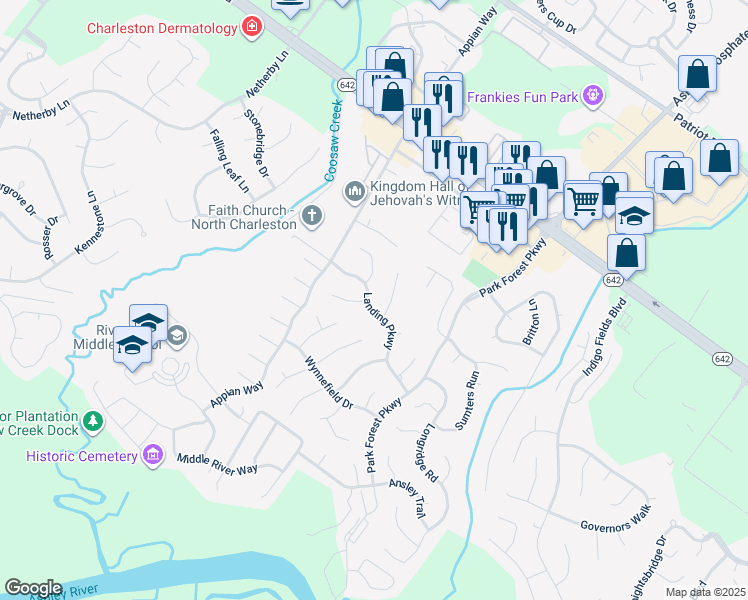 map of restaurants, bars, coffee shops, grocery stores, and more near 3195 Landing Parkway in Charleston