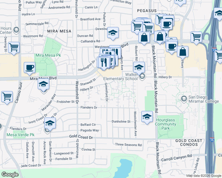 map of restaurants, bars, coffee shops, grocery stores, and more near 10577 Greenford Drive in San Diego
