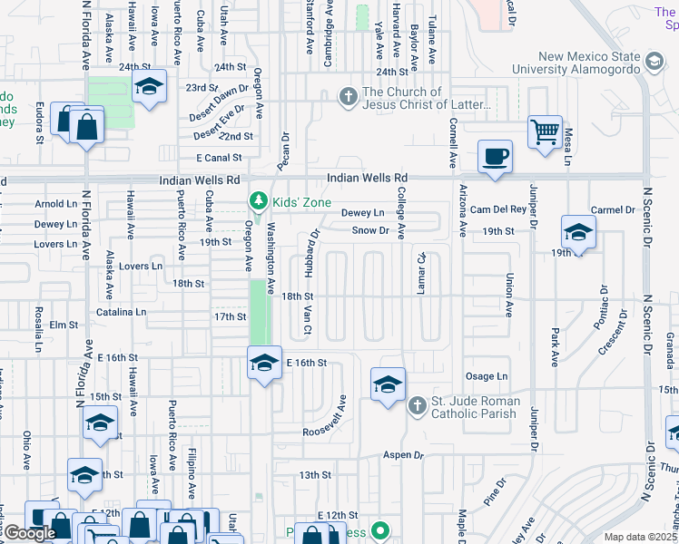 map of restaurants, bars, coffee shops, grocery stores, and more near 1833 Corte Del Ranchero in Alamogordo