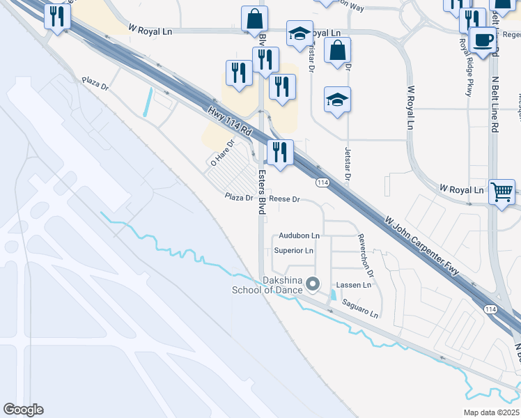 map of restaurants, bars, coffee shops, grocery stores, and more near 7651 Esters Boulevard in Irving