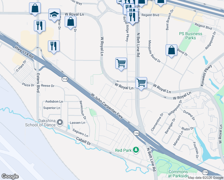 map of restaurants, bars, coffee shops, grocery stores, and more near 7754 Cooke Drive in Irving