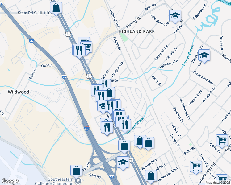 map of restaurants, bars, coffee shops, grocery stores, and more near 6287 Rolling Fork Road in North Charleston