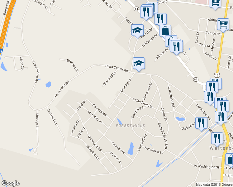 map of restaurants, bars, coffee shops, grocery stores, and more near 310 Country Lane in Walterboro