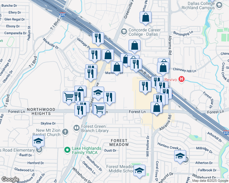 map of restaurants, bars, coffee shops, grocery stores, and more near 11857 Judd Ct in Dallas