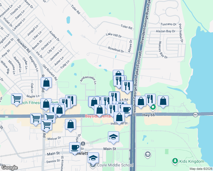map of restaurants, bars, coffee shops, grocery stores, and more near 4401 Big A Road in Rowlett