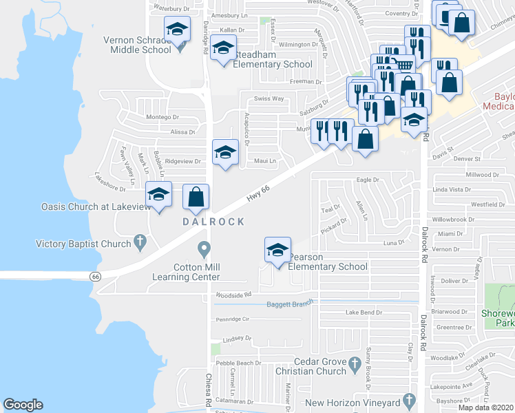 map of restaurants, bars, coffee shops, grocery stores, and more near 7500 Lakeview Parkway in Rowlett