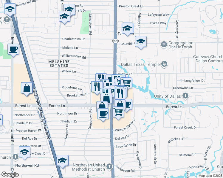 map of restaurants, bars, coffee shops, grocery stores, and more near 11929 Preston Road in Dallas