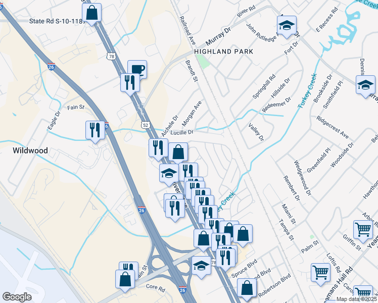 map of restaurants, bars, coffee shops, grocery stores, and more near 6287 Rolling Fork Road in North Charleston