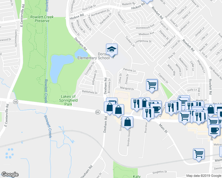 map of restaurants, bars, coffee shops, grocery stores, and more near 5902 Brookline Drive in Rowlett