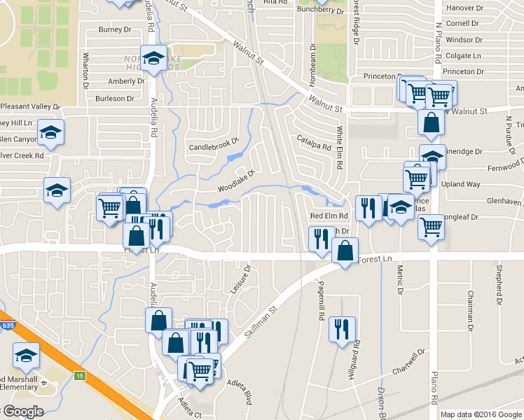 map of restaurants, bars, coffee shops, grocery stores, and more near 11911 Garden Terrace Drive in Dallas