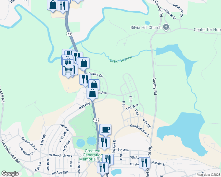 map of restaurants, bars, coffee shops, grocery stores, and more near 124 12th Avenue in Thomaston