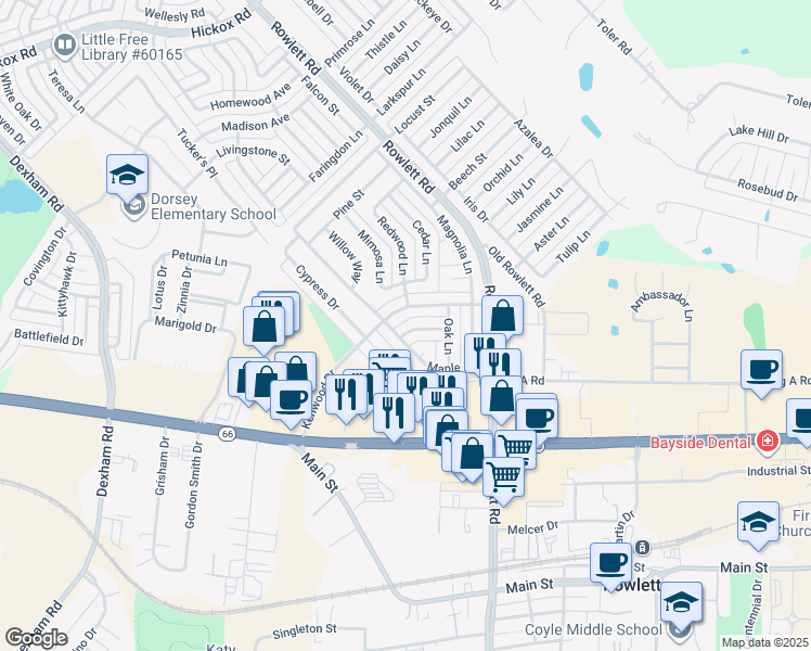 map of restaurants, bars, coffee shops, grocery stores, and more near 3105 Holly Lane in Rowlett