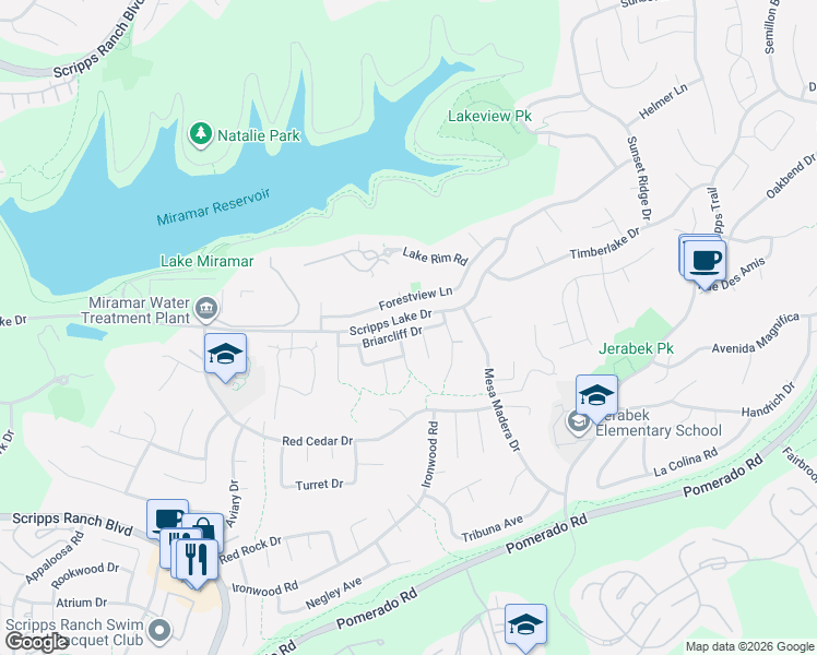 map of restaurants, bars, coffee shops, grocery stores, and more near 11180 Briarcliff Drive in San Diego