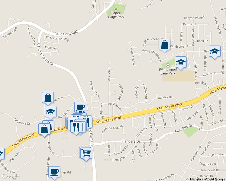 map of restaurants, bars, coffee shops, grocery stores, and more near 7316 Penara Place in San Diego