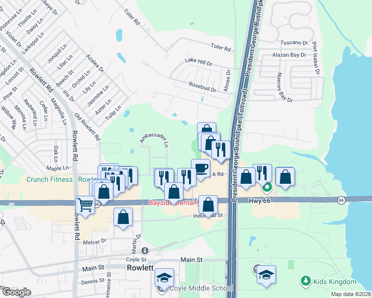 map of restaurants, bars, coffee shops, grocery stores, and more near 4401 Big A Road in Rowlett