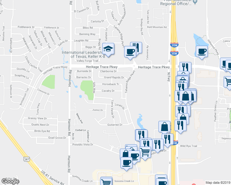 map of restaurants, bars, coffee shops, grocery stores, and more near 2340 Cavalry Drive in Fort Worth