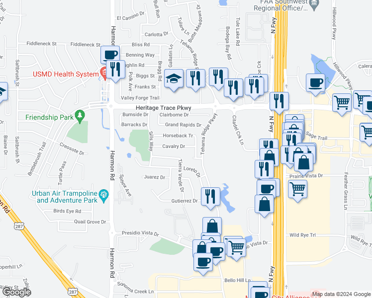 map of restaurants, bars, coffee shops, grocery stores, and more near 2324 Cavalry Drive in Fort Worth