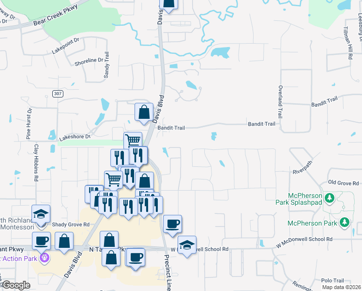 map of restaurants, bars, coffee shops, grocery stores, and more near 1100 Crestlyn Cove in Colleyville