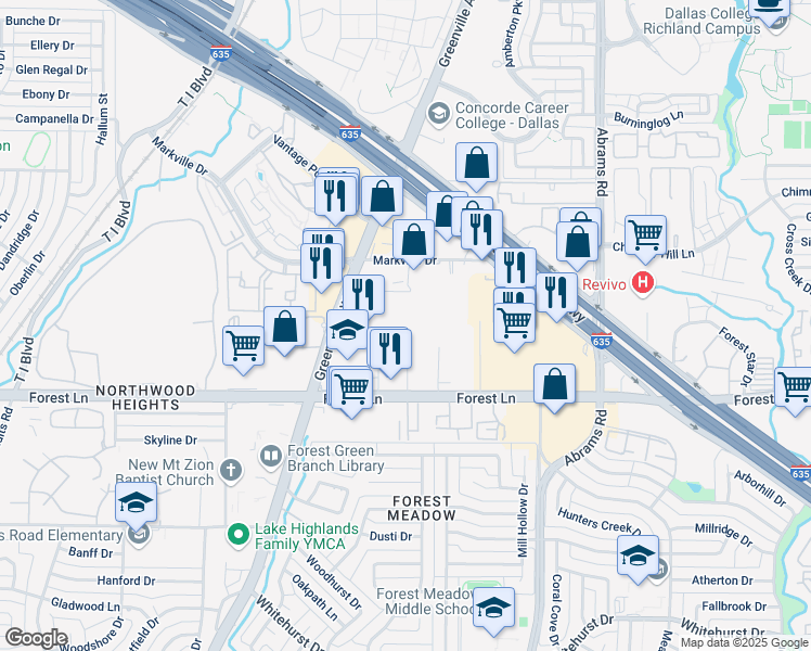 map of restaurants, bars, coffee shops, grocery stores, and more near 11857 Judd Court in Dallas