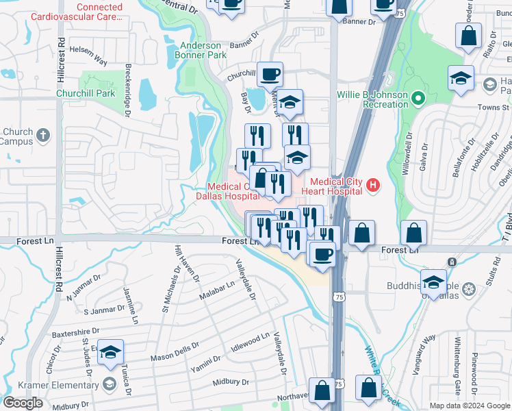 map of restaurants, bars, coffee shops, grocery stores, and more near 7777 Park Central Drive in Dallas