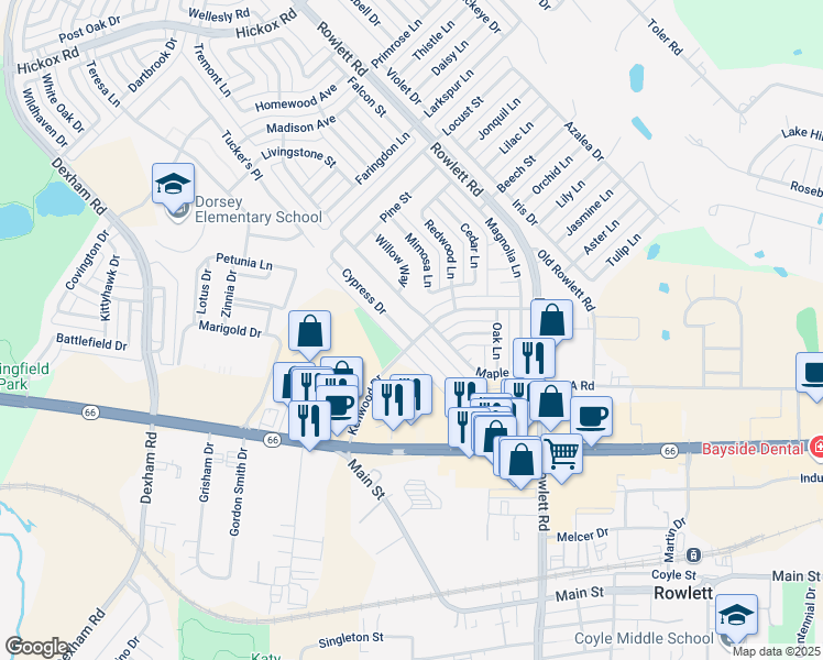 map of restaurants, bars, coffee shops, grocery stores, and more near 5705 Cypress Drive in Rowlett