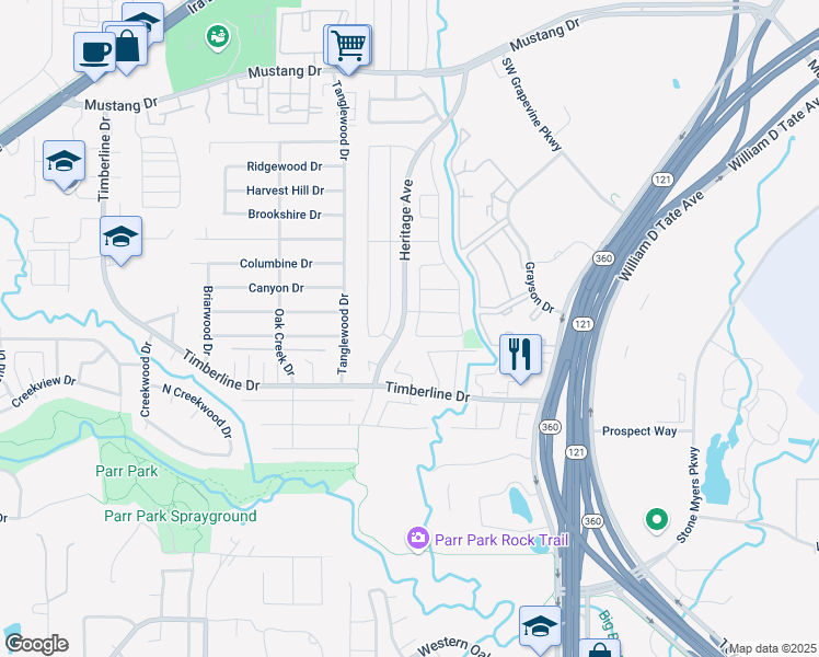 map of restaurants, bars, coffee shops, grocery stores, and more near 1834 Meadow Crest Drive in Grapevine