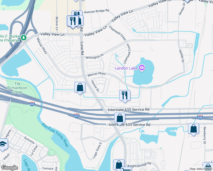 map of restaurants, bars, coffee shops, grocery stores, and more near 12176 Blackburn Way in Farmers Branch