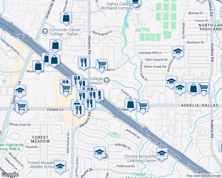 map of restaurants, bars, coffee shops, grocery stores, and more near 9467 Lyndon B Johnson Freeway in Dallas