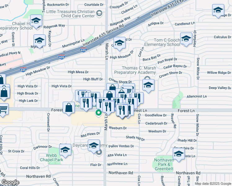 map of restaurants, bars, coffee shops, grocery stores, and more near 3728 High Vista Drive in Dallas